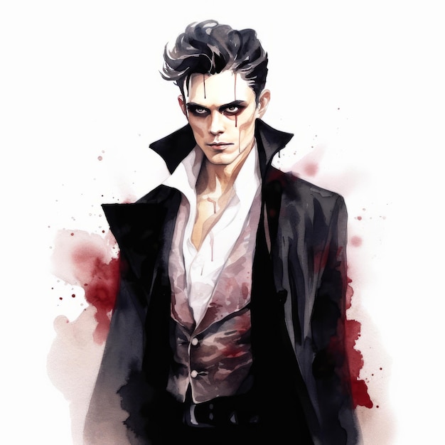 Enigmatic Charm A Realistic Gothic Vampire in Watercolor Clipart on a White Background