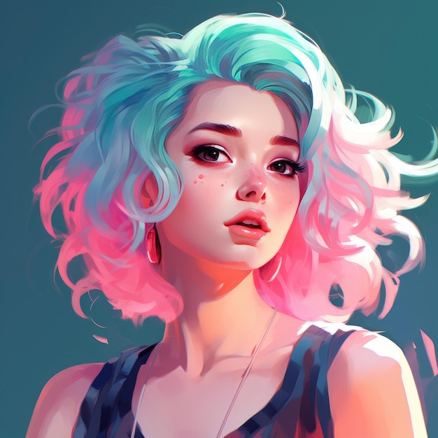 Enigmatic Charms A Stunning Latina Beauty with Neon Pink and Cyan Hair in the Captivating Style of