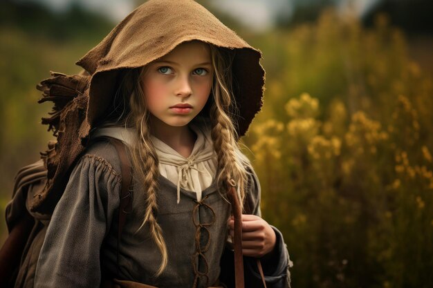 Enigmatic child in vintage attire amidst nature