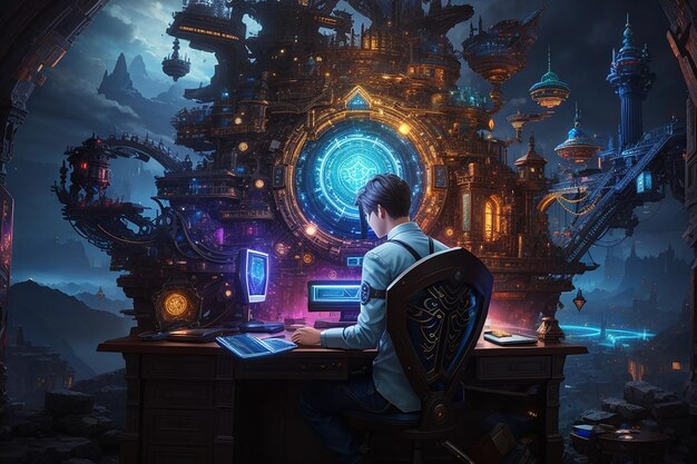 Enigmatic Code Realms Fantasy Infused Computer Desk Art