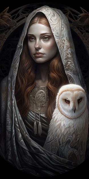 Enigmatic Connection Woman in Veil with Owl Companion