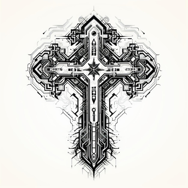 Photo the enigmatic cross unveiling cyber sigilism in intricate black and white y2k style