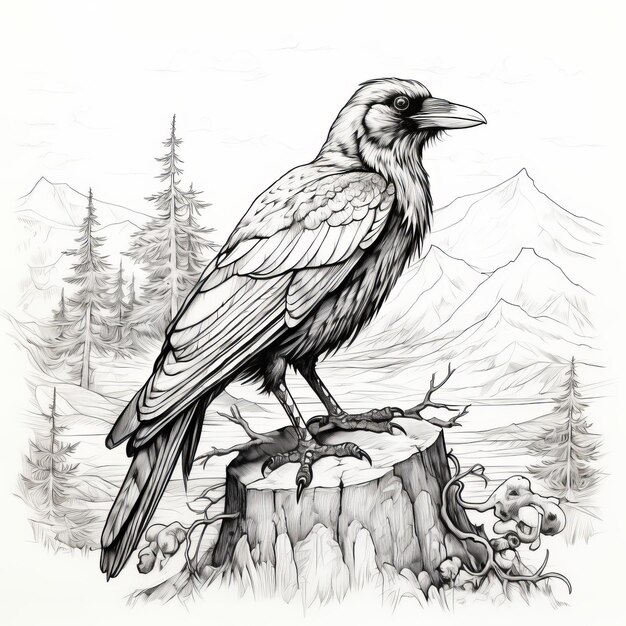 enigmatic crow detailed line art of raven on mossy stump