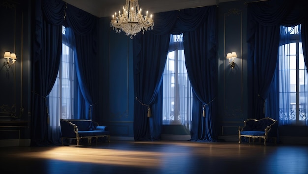 Загадочные элегантные синие шторы в центре внимания