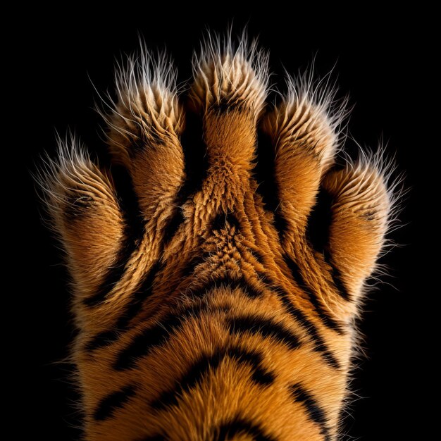 Photo enigmatic elegance capturing the intricacy of a tiger's paw in intense isolation