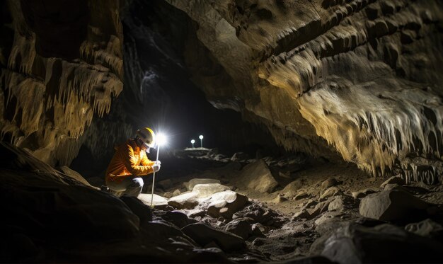 Photo the enigmatic encounter a man's reverence before the mysteries of the cave