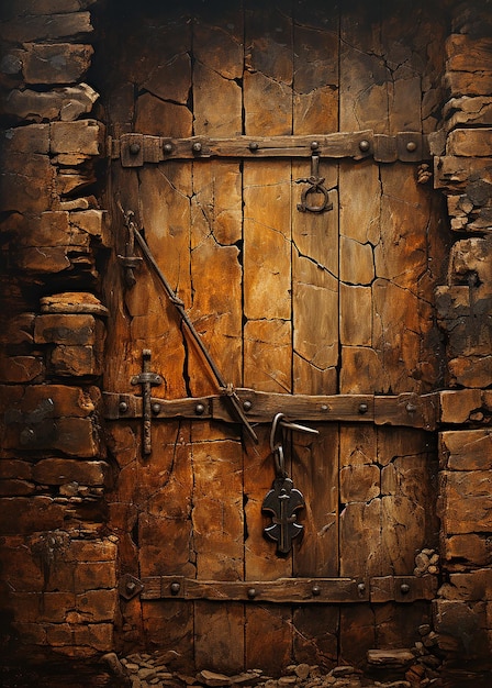 Enigmatic Entry Closeup on a Wooden Door Set in Dungeon Wall Evoking a Mysterious Style