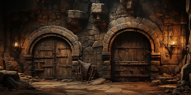 Enigmatic Entry Closeup on a Wooden Door Set in Dungeon Wall Evoking a Mysterious Style