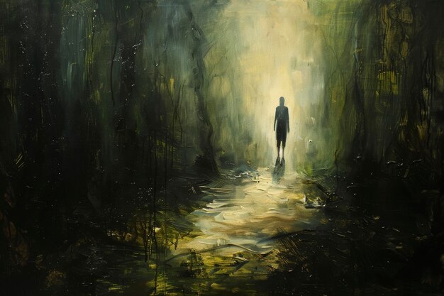 Enigmatic figure in forest painting