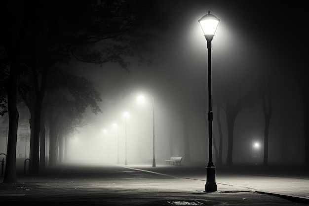 Enigmatic FogEnshrouded Streetlights in Monochrome