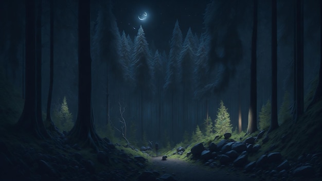 Enigmatic foggy forest at night