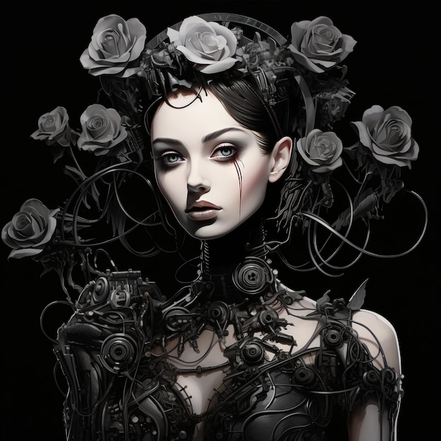 Photo the enigmatic fusion audrey hepburn embracing cybernetic prosthetics among black roses in a dungeon