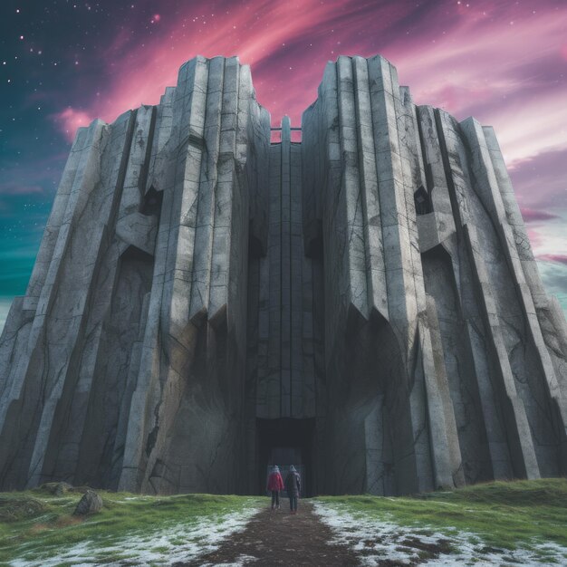 Photo enigmatic fusion the breathtaking brutalist medieval castle illuminated by psychedelic skies atop m