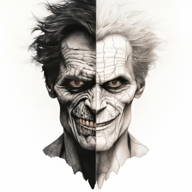 The Enigmatic Fusion A Captivating HalfFace Portrait of an Ageless JokerBatman Hybrid Resembling