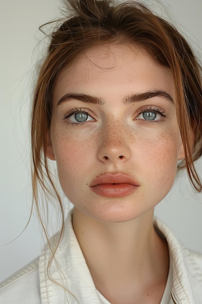 Enigmatic gaze blueeyed model with sunkissed freckles Generative AI