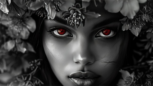 Foto il mistero degli occhi rossi enigmatico in un mondo floreale a scala di grigio