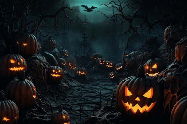 Photo enigmatic halloween ambiance glowingeyed pumpkins dot the nocturnal field