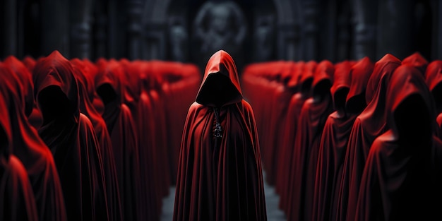 Загадчивые люди в красных плащах собираются на таинственном собрании Концепция Мистерия Энигма Интрига Красные плащи Таинственное собрание