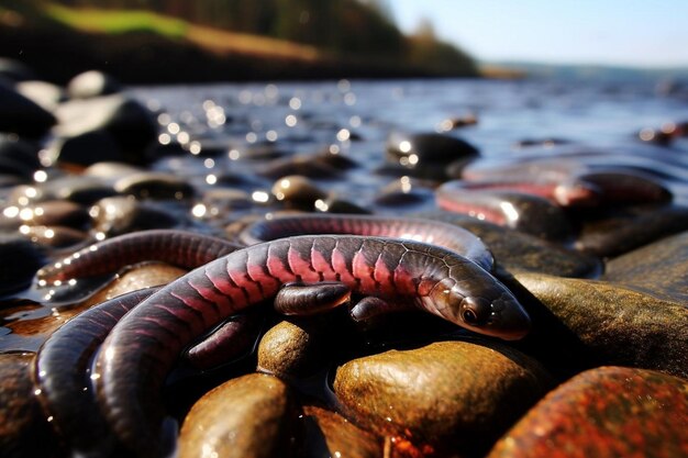 Photo enigmatic lamprey slinking along river rocks