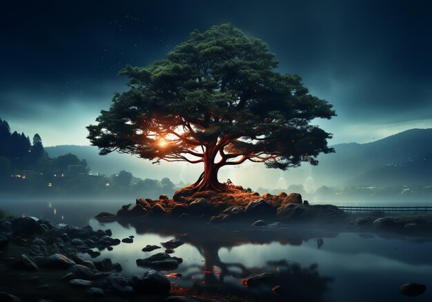 Foto paesaggio enigmatico con un albero solitario generato dall'ai