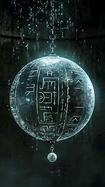 Photo enigmatic luminescent hematite bubble with cryptic runic ins texture art wallpaper background