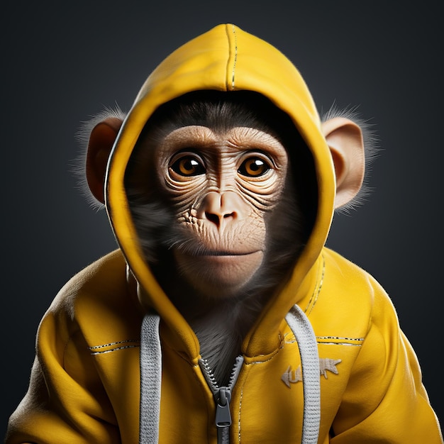 Enigmatic Male Monkey Captivating with a Colorful Hoodie Deep Eyes and Big Ears Devouring a Bana