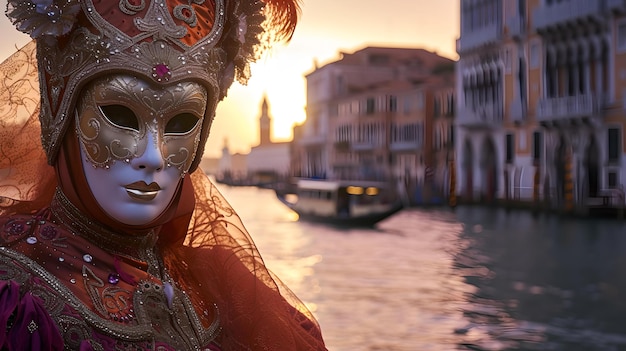 Foto enigmatica figura mascherata al canale di venezia durante il tramonto affascinante ritratto di carnevale incorniciato dall'acqua un'occhiata alla tradizionale festa italiana ai