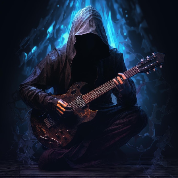 신비한 멜로디는 빛나는 후드 해커 헤비 메탈 기타리스트를 마법의 환상으로 드러니다.