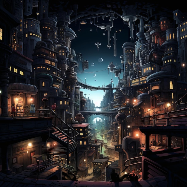 The Enigmatic Metropolis Exploring an Impossible City Immersed in Dark Cartoonish 90s Vibes