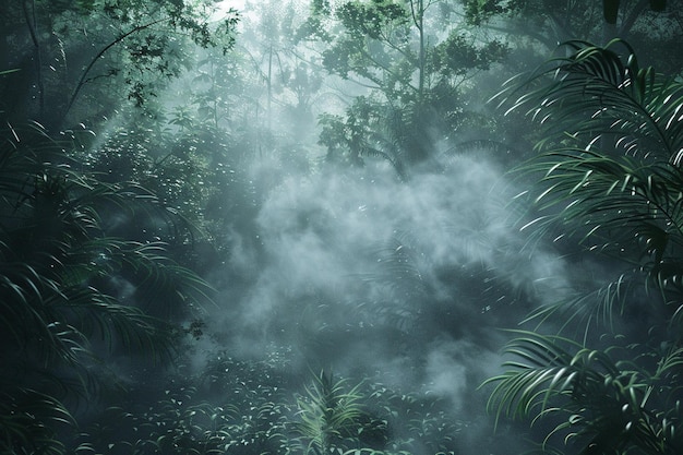 Enigmatic mist shrouding a dense forest