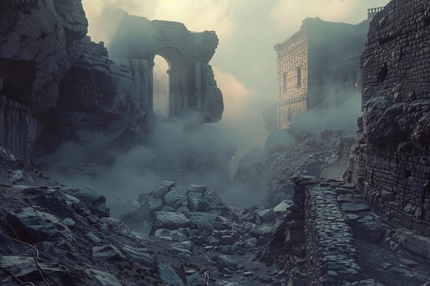 Enigmatic mist weaving through ancient ruins