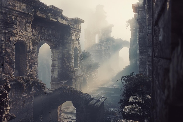 Enigmatic mist weaving through ancient ruins