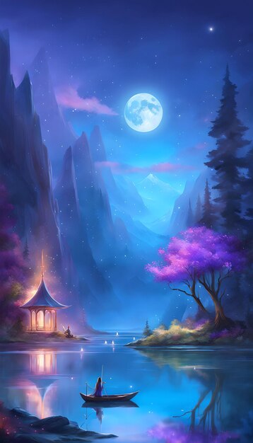 Enigmatic Moonlit Lake Fantasy Wallpaper