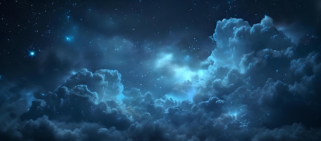 Загадочное ночное небо с светящимися звездами и эфирными облаками, запечатленное в цифровом произведении искусства, спокойная и величественная атмосферная сцена.