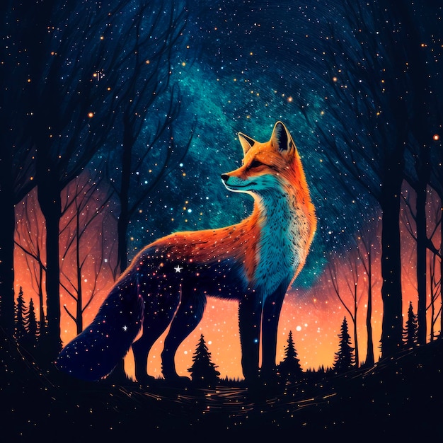Загадочный ночной лес Яркое сочетание синего и красного передает грацию прекрасной лисы