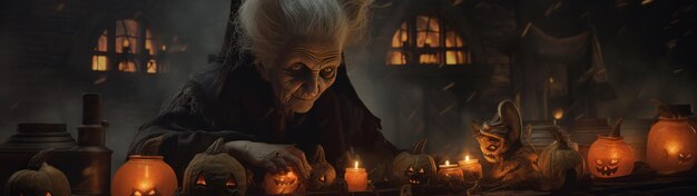 The Enigmatic Old Witch Brewing Potions amidst Halloween Pumpkins and Pustules