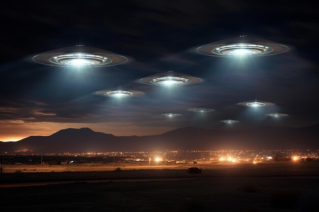 Photo enigmatic patterns of light emanating from alien ships hovering over a desert