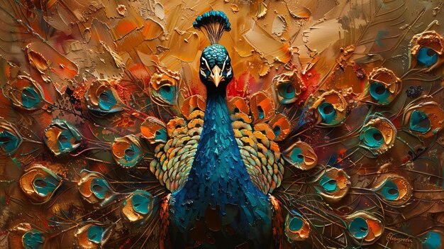 Enigmatic Peacock with Elaborate Plumage in Textured Oil Painting