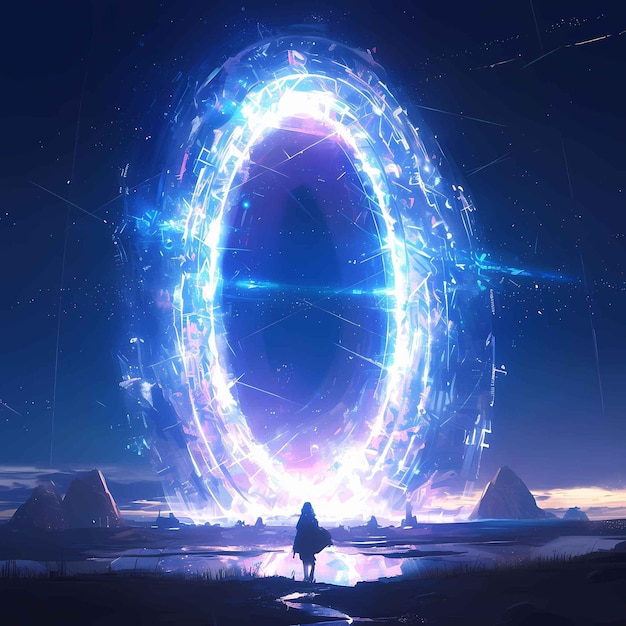 Enigmatic Portal in Night Landscape Future Tech Fantasy Gateway