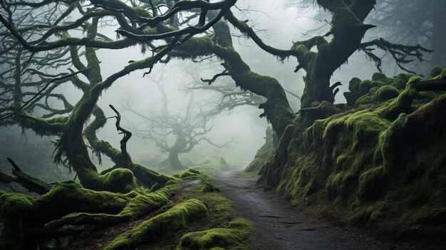 Enigmatic Quest Exploring the Enchanted Haunts of a Misty Woodland Revealing a Timeless MossBla