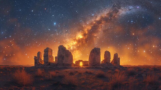 Photo enigmatic ruins standing under the milky way stones blur into the cosmos