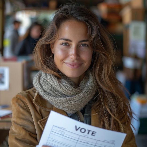 Foto sorriso enigmatico di una donna sicura che tiene una scheda elettorale in una cabina rustica ai generativa