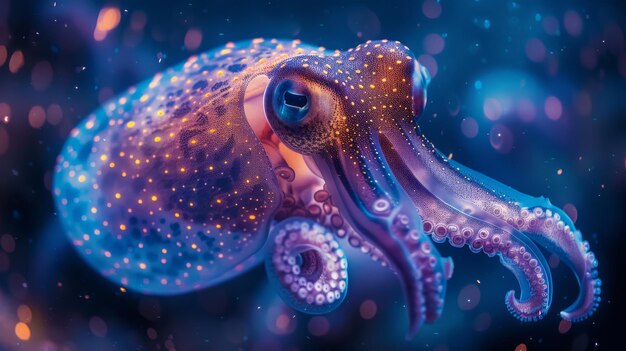 Enigmatic squid with oversized eyes drifting in the deep ocean twilight