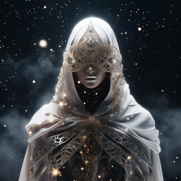 謎めいた星の女神 白いマスクと黒い衣装で覆われた優雅な神
