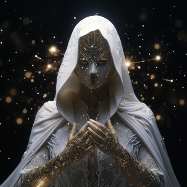 Foto l'enigmatica protettrice stellare una graziosa dea con maschera bianca e vesti nere