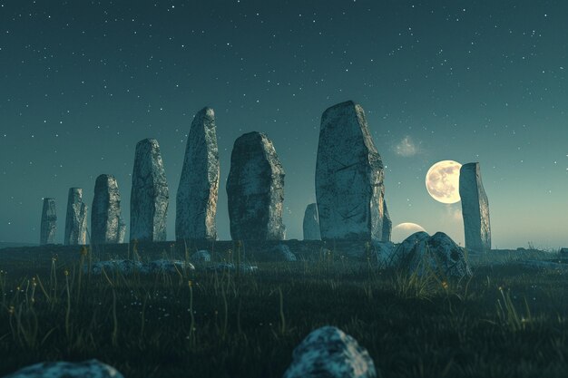 Enigmatic stone circle bathed in moonlight
