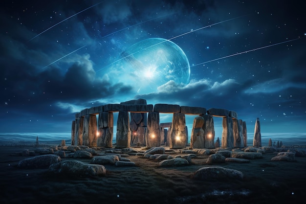Enigmatic Stonehenge Circle Under Starry Sky Generative AI