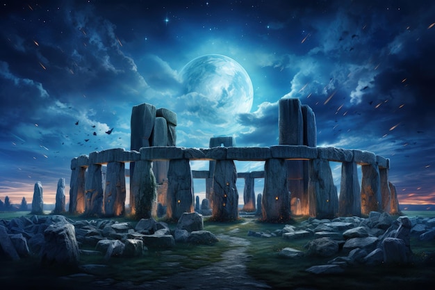 Enigmatic Stonehenge Circle Under Starry Sky Generative AI