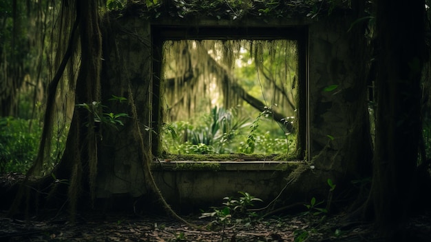 Photo enigmatic tropics a chiaroscuro portrait of an abandoned window in the postapocalyptic forest