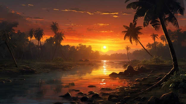 Enigmatic Tropics Hyperdetailed Sunset Over River And Cocoa Field